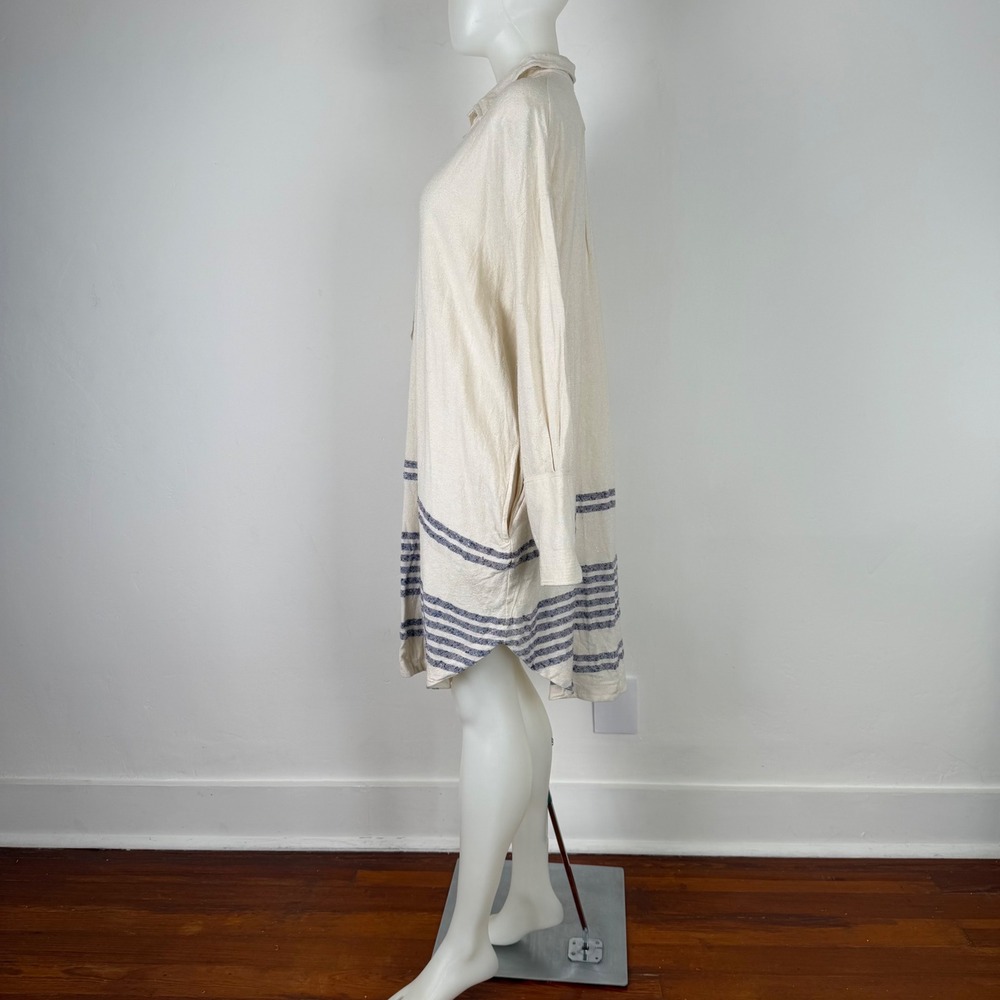 Free People Women Cream Blue Striped Henley Tunic Dress Pockets Large L - Picture 5 of 16